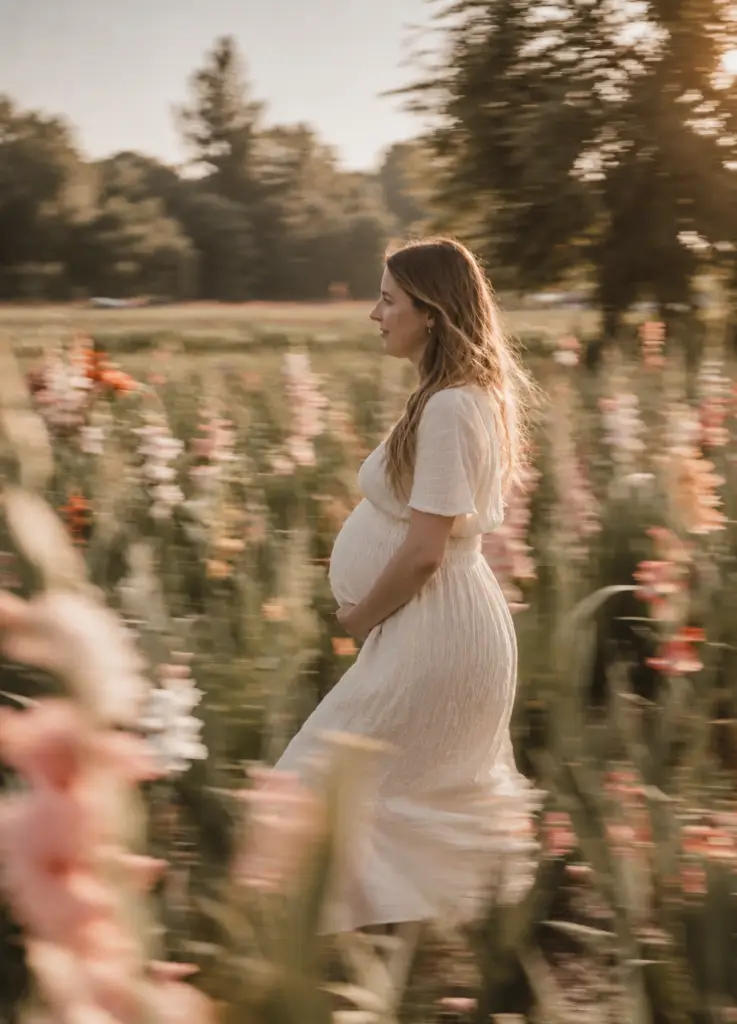 Schwangere im hellen Kleid spaziert durch ein Blumenfeld