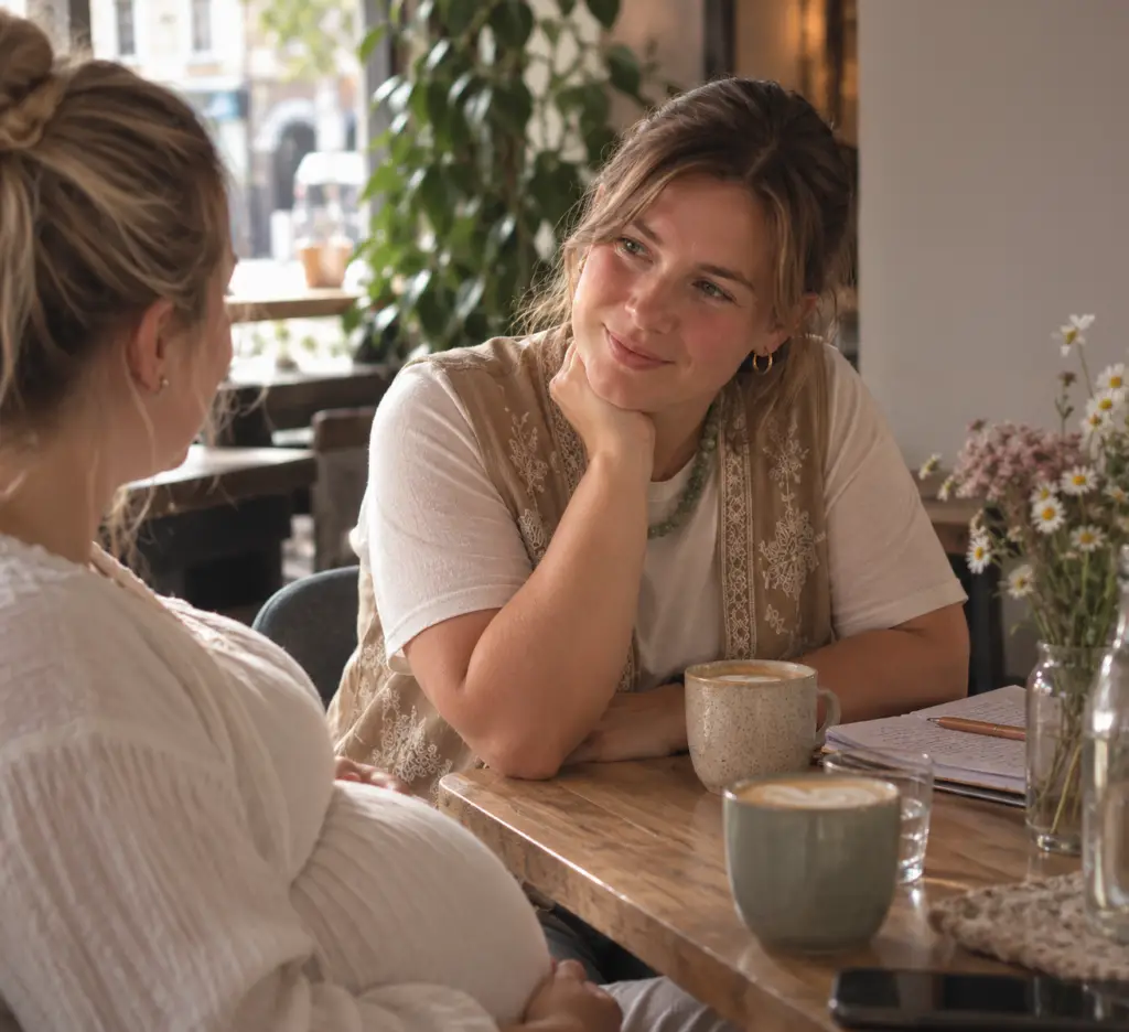 Zwei Frauen im Gespräch bei Kaffee, eine ist schwanger