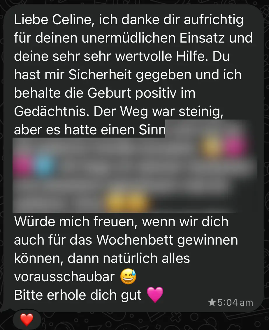 WhatsApp-Nachricht einer begleiteten Mama nach der Geburt, anonymisiert